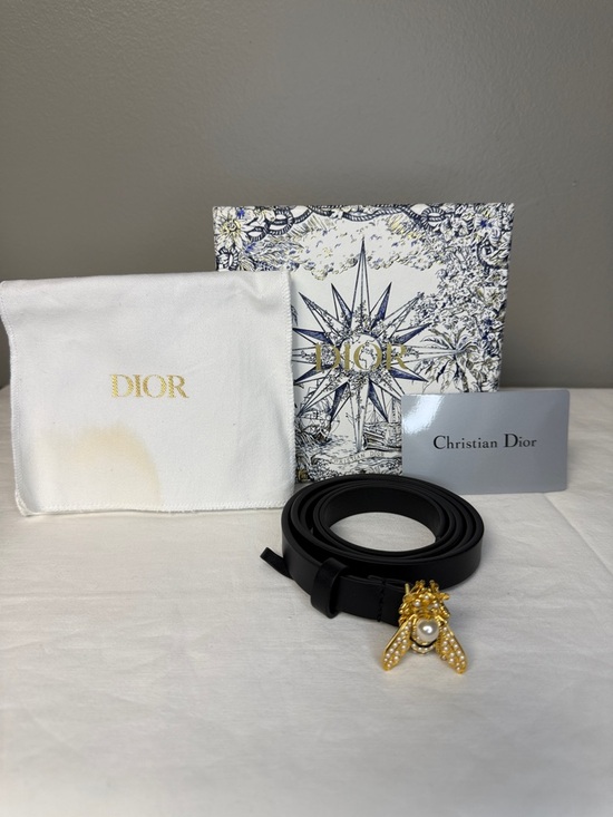 Dior Accessories - Christian Dior Bee Pearl Leather Belt Black 70cm Gold Charm
